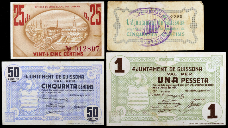 Guissona. 25, 50 céntimos (dos) y 1 peseta. (T. 1403 a 1406). 4 billetes, una se...