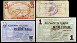 Guissona. 25, 50 céntimos (dos) y 1 peseta. (T. 1403 a 1406). 4 billetes, una serie completa, el primero de 50 céntimos nº 0099, roto y pegado en la é...
