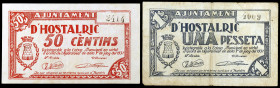 Hostalric. 50 céntimos y 1 peseta. (T. 1435 y 1436). 2 billetes, todos los de la localidad. BC+/MBC+.