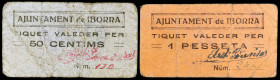 Iborra. 50 céntimos y 1 peseta. (T. 1445 y 1446). 2 cartones, todos los de la localidad nº 130 y 246. Raros. BC/BC+.