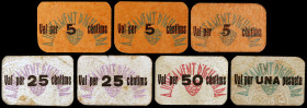 Igualada. 5 (tres), 25 (dos), 50 céntimos y 1 peseta. (T. 1450b, 1451h, 1452b, 1452f, 1455c y 1456c). 7 cartones. MBC-/MBC+.