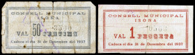Isona. 50 céntimos y 1 peseta. (T. 1457 y 1458). 2 billetes, todos los de la localidad. Raros. BC/BC+.