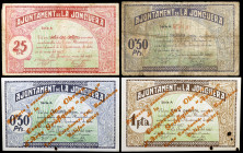 Jonquera, la. 25, 50 céntimos (dos) y 1 peseta. (T. 1463, 1466 y falta). 4 billetes, dos con la propaganda estampillada de la «"Cooperativa Obrera Art...