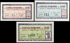 Juià. 25, 50 céntimos y 1 peseta. (T. 1471 a 1473). 3 billetes, todos los de la localidad.El de 25 céntimos nº 45. Raros y más así. EBC/EBC+.