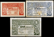 Juneda. 25, 50 céntimos y 1 peseta. (T. 1480 a 1482). 3 billetes, serie completa. Escasos. BC/MBC+.