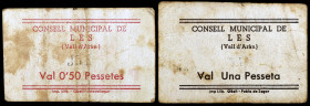 Lés. 50 céntimos y 1 peseta. (T. 1488 y 1491a). 2 cartones. Raros. BC/MBC-.