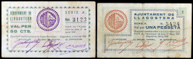 Llagostera, la. 50 céntimos y 1 peseta. (T. 1515 y 1517). 2 billetes. Escasos. MBC-.
