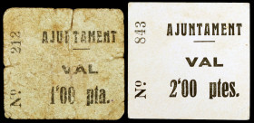 Llardecans. 1 y 2 pesetas. (T. 1519 y 1520). 2 cartones, el de peseta nº 212, los dos con restos de papel pegado en el centro. Rarísimos. BC-/MBC+.