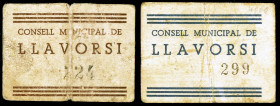 Llavorsí. 50 céntimos y 1 peseta. (T. 1534 y 1535) 2 cartones, serie completa nº 224 y 299. Raros. BC/BC+.