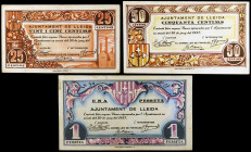 Lleida. 25, 50 céntimos y 1 peseta. (T. 1536 a 1538). 3 billetes, serie completa. MBC/EBC.
