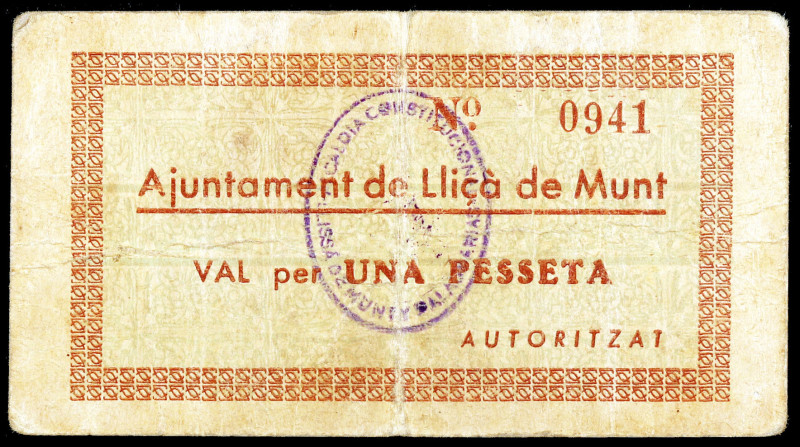 Lliçà de Munt. 1 peseta. (T. 1544). Cartón. Raro. MBC-.