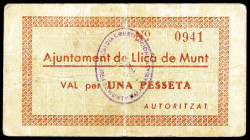 Lliçà de Munt. 1 peseta. (T. 1544). Cartón. Raro. MBC-.