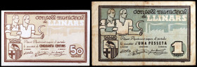 Llinars del Vallès. 50 céntimos y 1 peseta. (T. 1546 y 1547). 2 billetes, todos los de la localidad. BC+/EBC-.