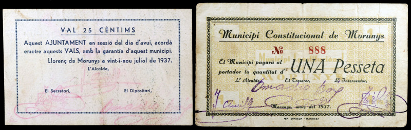 Llorenç de Morunys. 25 céntimos y 1 peseta. (T. 1564 y 1566). 2 billetes, el de ...