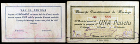 Llorenç de Morunys. 25 céntimos y 1 peseta. (T. 1564 y 1566). 2 billetes, el de 1 peseta nº 888. Raros. BC+/MBC-.