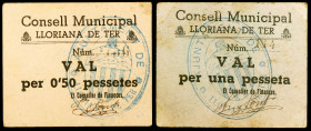 Lloriana de Ter. 50 céntimos y 1 peseta. (T. 1580 y 1581). 2 cartones, todos los de la localidad. Muy raros y más así. MBC+/EBC-.
