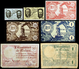 Malgrat. 10, 15, 25, 50 céntimos (dos) y 1 peseta (dos). (T. 1605 y 1609 a 1614). 7 billetes, una serie completa. BC/EBC+.