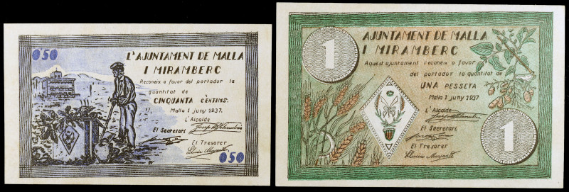 Malla i Miramberc. 50 céntimos y 1 peseta. (T. 1615a y 1616a). 2 billetes, serie...