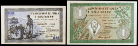 Malla i Miramberc. 50 céntimos y 1 peseta. (T. 1615a y 1616a). 2 billetes, serie completa, nº 0216 y 0217. Raros así. MBC+/EBC-.