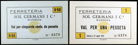 Manresa. Ferreteria Sol Germans i Cia. 50 céntimos y 1 peseta. (AL. 3173 y 3174). 2 billetes. EBC+.