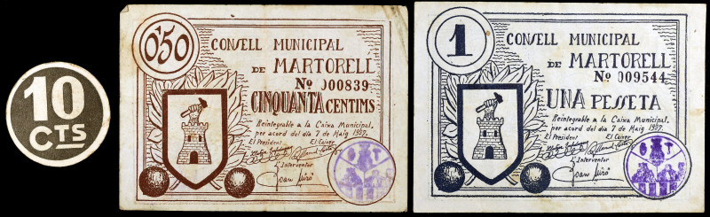 Martorell. 10, 50 céntimos y 1 peseta. (T. 1647, 1648 y 1654). 2 billetes, serie...