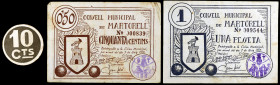 Martorell. 10, 50 céntimos y 1 peseta. (T. 1647, 1648 y 1654). 2 billetes, serie completa, y un cartón redondo, raro. BC+/EBC-.