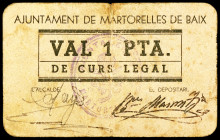 Martorelles de Baix. 1 peseta. (T. 1656). Cartón nº 0104. Tampón del "Ajuntament". Muy raro. MBC-.