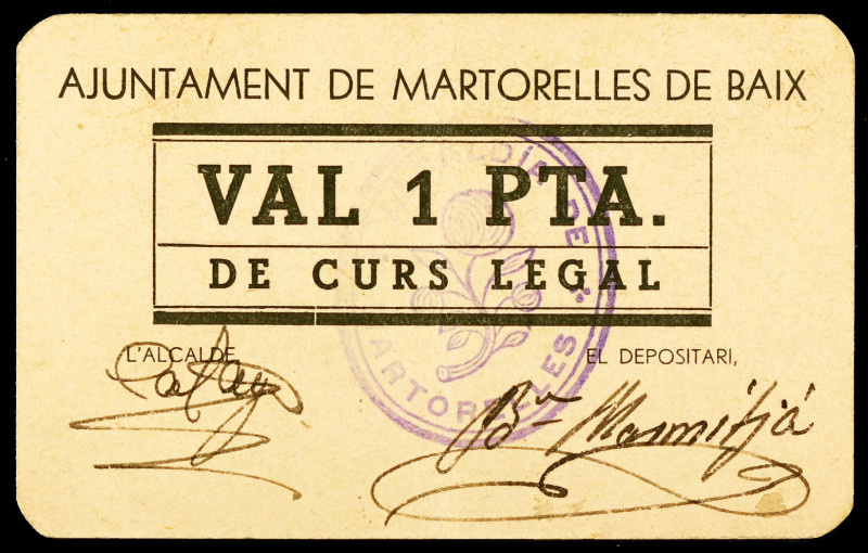 Martorelles de Baix. 1 peseta. (T. 1656a). Cartón. Tampón de "l'Alcaldia". Muy r...