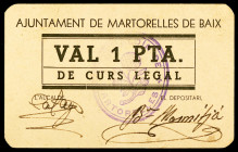 Martorelles de Baix. 1 peseta. (T. 1656a). Cartón. Tampón de "l'Alcaldia". Muy raro y más así. MBC+.