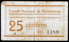 Masdenverge. 25 céntimos. (T. 1671). Raro. BC+.