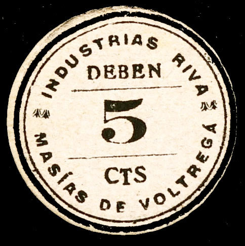 Masías de Voltregà. Industrias Riva. 5 céntimos. (AL. 2969). Cartón redondo. Ex ...