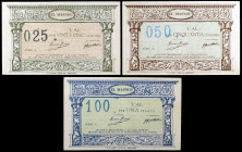 Masnou, el. 25, 50 céntimos y 1 peseta. (T. 1672e, 1673d y 1674h). 3 billetes, serie completa. Escasos así. MBC+/EBC-.