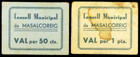 Massalcoreig. 50 céntimos y 1 peseta. (T. 1695 y 1696). 2 cartones, uno con manchitas. Rarísimos, la peseta sólo la hemos tenida otra vez. MBC/EBC-....