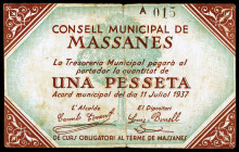 Massanes. 1 peseta. (T. 1703). Nº 015. Raro. MBC-.