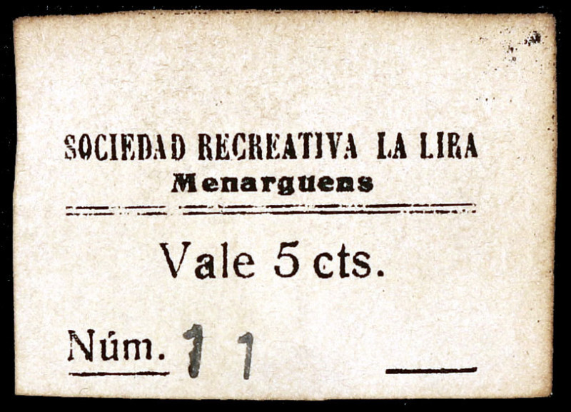 Menàrguens. Sociedad Recreativa "La Lira". 5 céntimos. (AL. falta). Nº 11. Raro....