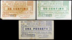 Miravet. 25, 50 céntimos y 1 peseta. (T. 1721 a 1723). 3 billetes, todos los de la localidad. Raros. MBC-/MBC+.