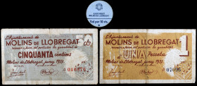 Molins de Llobregat. 10, 50 céntimos y 1 peseta. (T. 1729, 1730 y 1732). 2 billetes, serie completa, y un cartón redondo. BC/EBC.