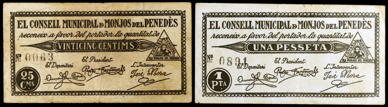 Monjos del Penedès, Els. 25 céntimos y 1 peseta. (T. 1755 y 1757). 2 billetes, e...