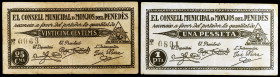 Monjos del Penedès, Els. 25 céntimos y 1 peseta. (T. 1755 y 1757). 2 billetes, el de 25 céntimos nº 0063. Raros. BC+/MBC-.