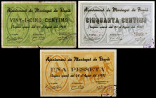 Montagut de Fluvià. 25, 50 céntimos y 1 peseta. (T. 1759 a 1761). 3 billetes, serie completa. El de 50 céntimos, nº 00243 y el de 25 nº 00294. Raros. ...