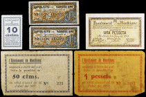 Montblanc. 10, 25 (dos), 50 céntimos y 1 peseta (dos). (T. 1765 a 1767, 1769 (dos) y 1770). 6 billetes y un cartón. El de 50 céntimos de la primera em...