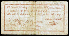 Montbrió del Camp. 1 peseta. (T. 1784). Nº 0120. Escaso. BC.