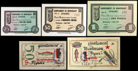 Montmany. 25, 50 céntimos (dos) y 1 peseta (dos). (T. 1817, 1818, 1819a, 1820b y 1821b). 5 billetes, todos los de la localidad. Los de la 2ª serie num...