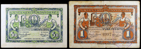 Montornès del Vallès. 50 céntimos y 1 peseta. (T. 1827 y 1828d). 2 billetes, todos los de la localidad. El de 50 céntimos nº 0337. Raros. MBC-/MBC+....