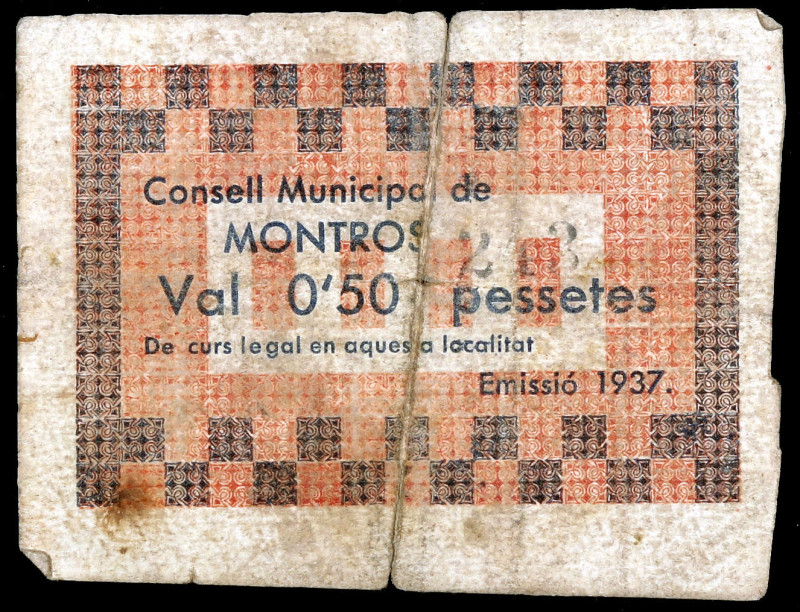 Montros. 50 céntimos. (T. 1840). Cartón. Roturas. Muy raro. BC.