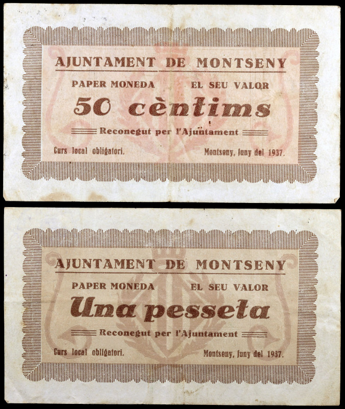 Montseny. 50 céntimos y 1 peseta. (T. 1845 y 1846). 2 billetes, todos los de la ...