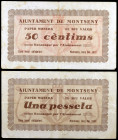 Montseny. 50 céntimos y 1 peseta. (T. 1845 y 1846). 2 billetes, todos los de la localidad. El de 50 céntimos nº 1111 y el de peseta 195. Escasos. BC+/...