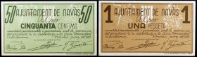 Navàs. 50 céntimos y 1 peseta. (T. 1895 y 1896). 2 billetes, el de peseta nº 000108. Escasos así. EBC+.