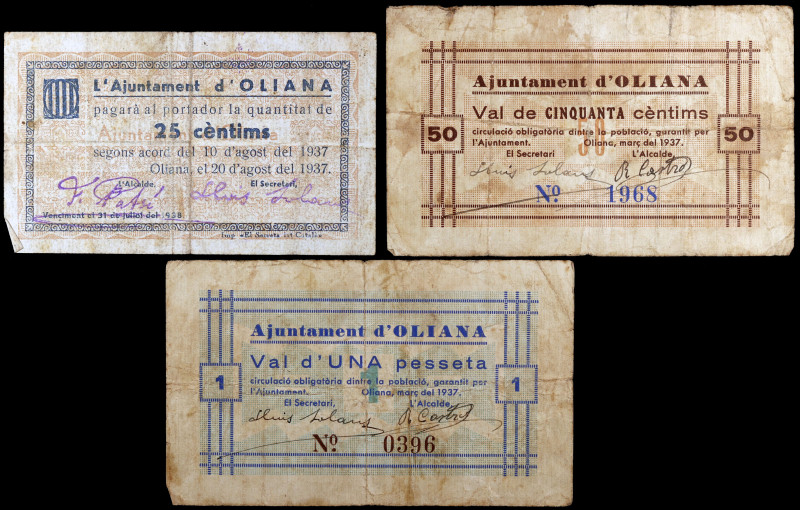 Oliana. 25, 50 céntimos y 1 peseta. (T. 1935, 1936 y 1939). 3 billetes, la prime...