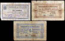 Oliana. 25, 50 céntimos y 1 peseta. (T. 1935, 1936 y 1939). 3 billetes, la primera serie completa, rara. El de 1 peseta nº 0396. BC/BC+.